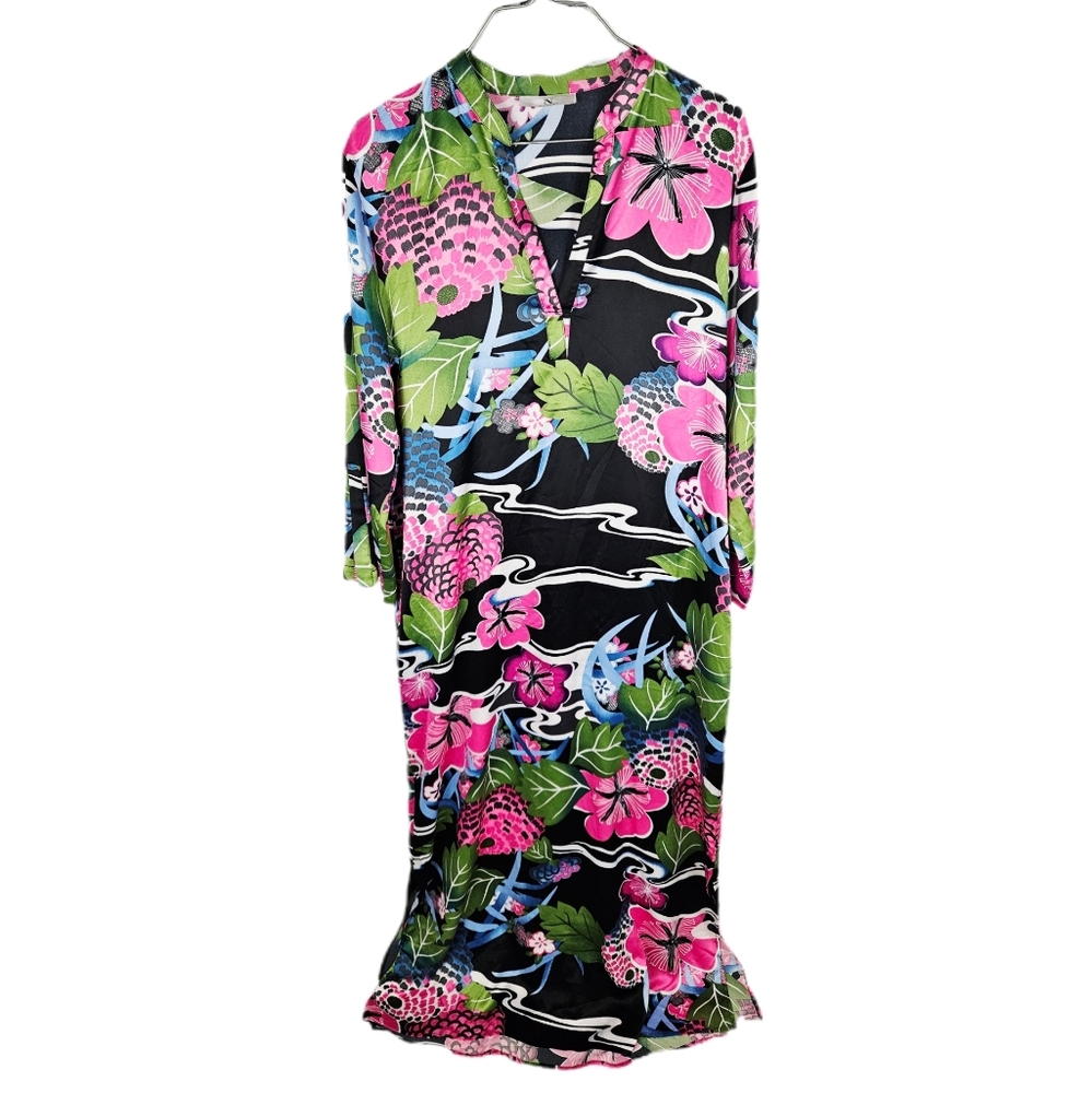 N NATORI | floral flower split hem stretch satiny flowy caftan